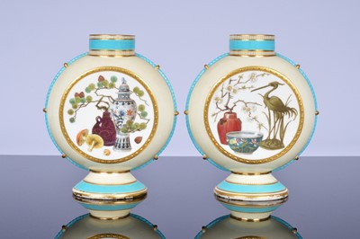 Lot 205 - A pair of Victorian period Minton porcelain moon flask vases