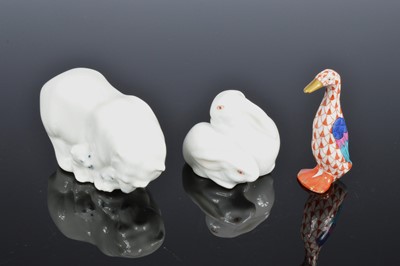 Lot 210 - Two small Herrend porcelain animals and a Royal Copenhagen porcelain polar bear group
