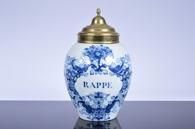 Lot 213 - An 18th century or early 19th century Delft blue and white pottery tobacco or apothecary pot and brass cover by Johannes Van Duijn