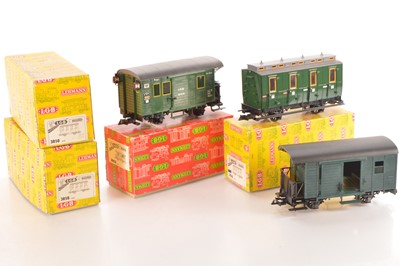 Lot 409 - LGB 2 Coaches Post Wagons & Rear lighting Units (7)