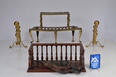 Lot 88 - Mixed brass lot including pair of andirons, trivets, a galleried book rest and bellows