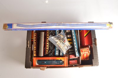 Lot 16 - Tri-ang and Hornby 00 gauge Locomotives coaches wagons with a selection of track (qty in 1 box)