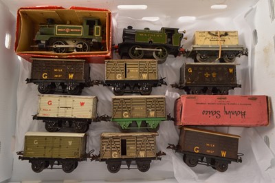 Lot 430 - Hornby 0 Gauge Clockwork Locomotive & Goods Rolling stock (11)