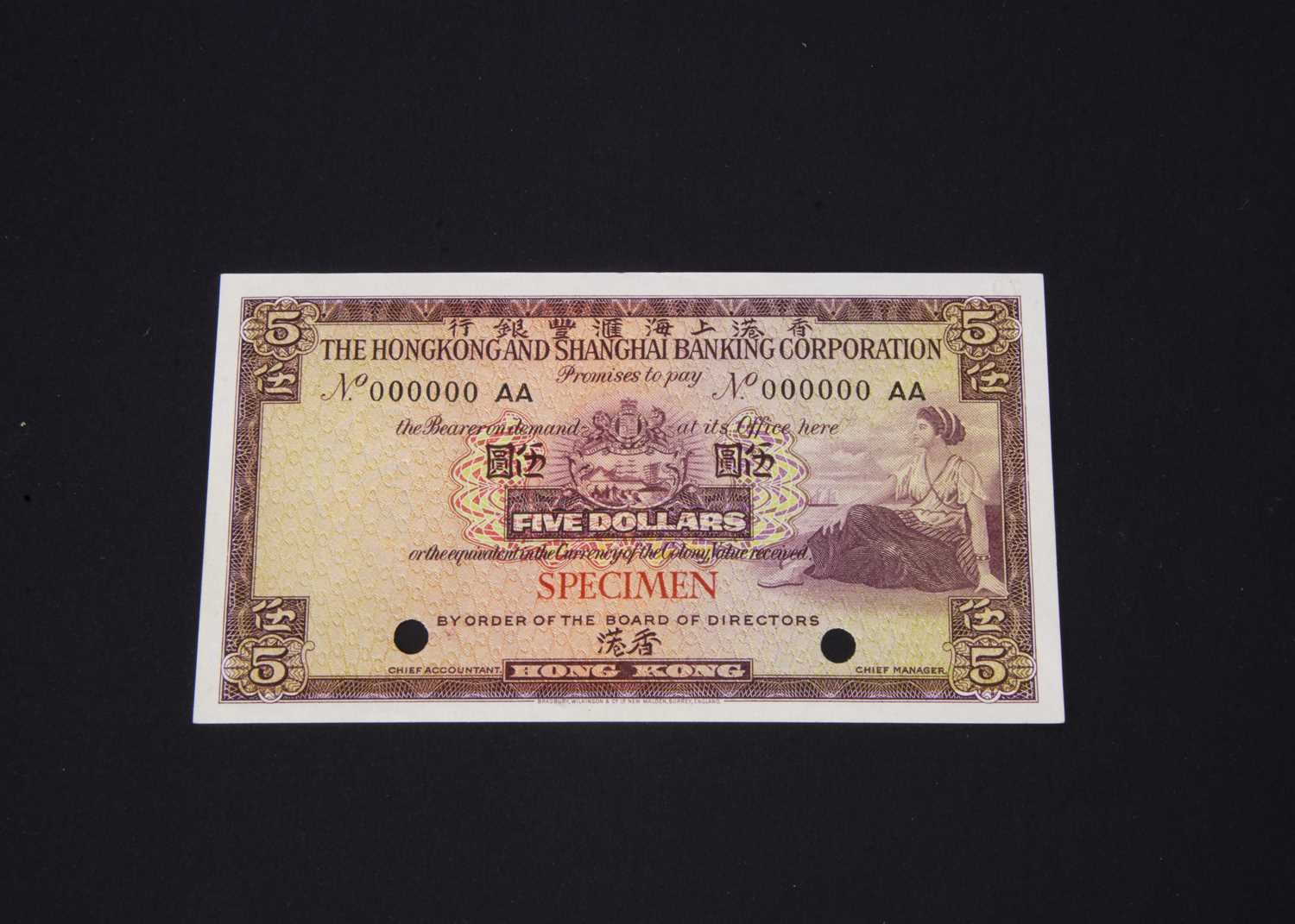 Lot 357 - A Hong Kong and Shanghai Bank specimen 5 Dollars bank note