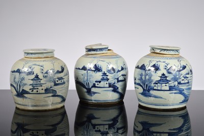 Lot 235 - A set of three late 19th or early 20th century Chinese blue and white porcelain ginger jars