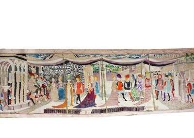 Lot 710 - A hand painted skill banner of a medieval court scene