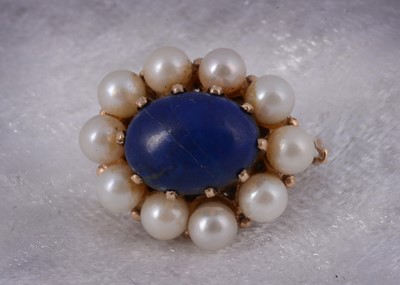 Lot 206 - A 9ct gold lapis lazuli and cultured pearl oval scarf or necklace clasp pendant