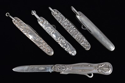 Lot 722 - Five Victorian Birmingham Hallmarked Pocket Knife/Button Hook tools