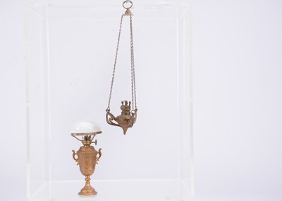 Lot 418 - Two German cast-metal larger scale dolls’ house oil-lamps