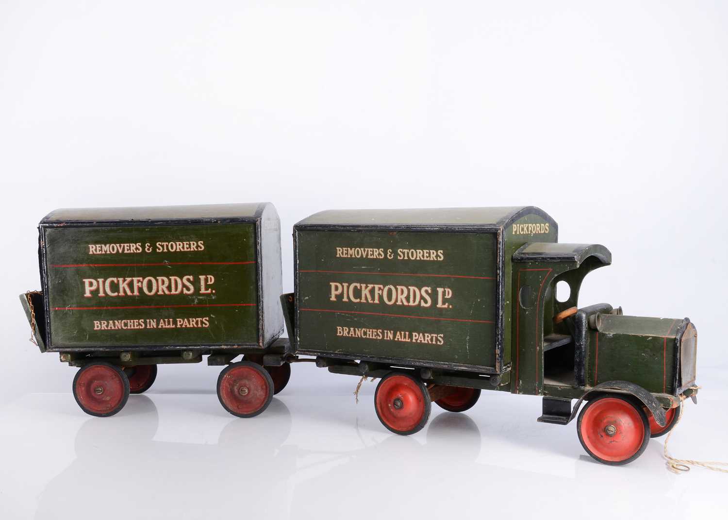 Lot 477 - A Rare Early G & J Lines (Pre Tri-ang) Wood & Pressed Steel Pickfords Removal Lorry & Trailer