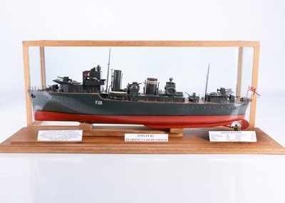 Lot 706 - Well made live steam approx 1/125 scale model of Fearless Class Destroyer 'HMS Fury' presented in wood and glass display case