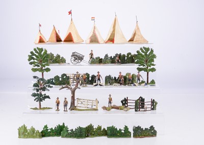 Lot 837 - Britains Boy Scout series items comprising Trek Cart with repro boy pushing and Boy Scout Signallers (2)