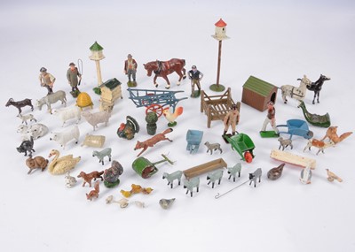 Lot 841 - Small selection of lead farm people and accessories by various makers including Britains and Hill comprising Pixyland Gardener with lawnmower and conifer in pot