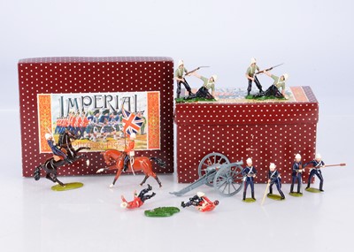 Lot 864 - Zulu War themed figures by Imperial of New Zealand and Kingcast comprising Kingcast ZV2 24th Foot Helping a Wounded Comrade - figures detached from base