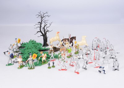 Lot 908 - Plastic figures by various makers including Crescent and Britains Herald comprising MPC USA knights (21)