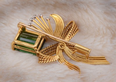 Lot 48 - A continental tourmaline and diamond bow brooch