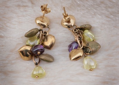 Lot 51 - A pair of 9ct gold amethyst and quartz heart shaped drop earrings