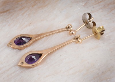 Lot 93 - A pair of 9ct gold amethyst and cubic zirconia pendant drop earrings