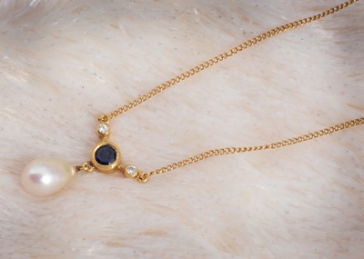 Lot 97 - An 18ct gold sapphire, diamond and pearl drop necklace