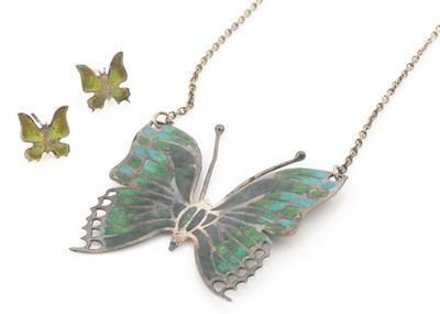 Lot 12 - A silver and enamel butterfly pendant on chain