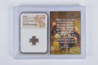 Lot 64 - An NGC graded and slabbed Judaea Maccabean Kings (135-137 BC) AE Prutah Widow's Mite coin