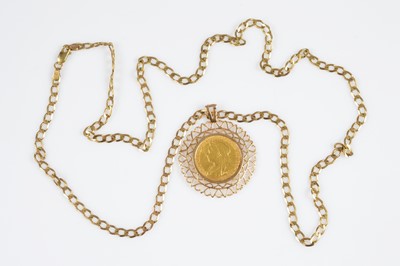 Lot 97 - A Victorian full gold sovereign in mount and on chain