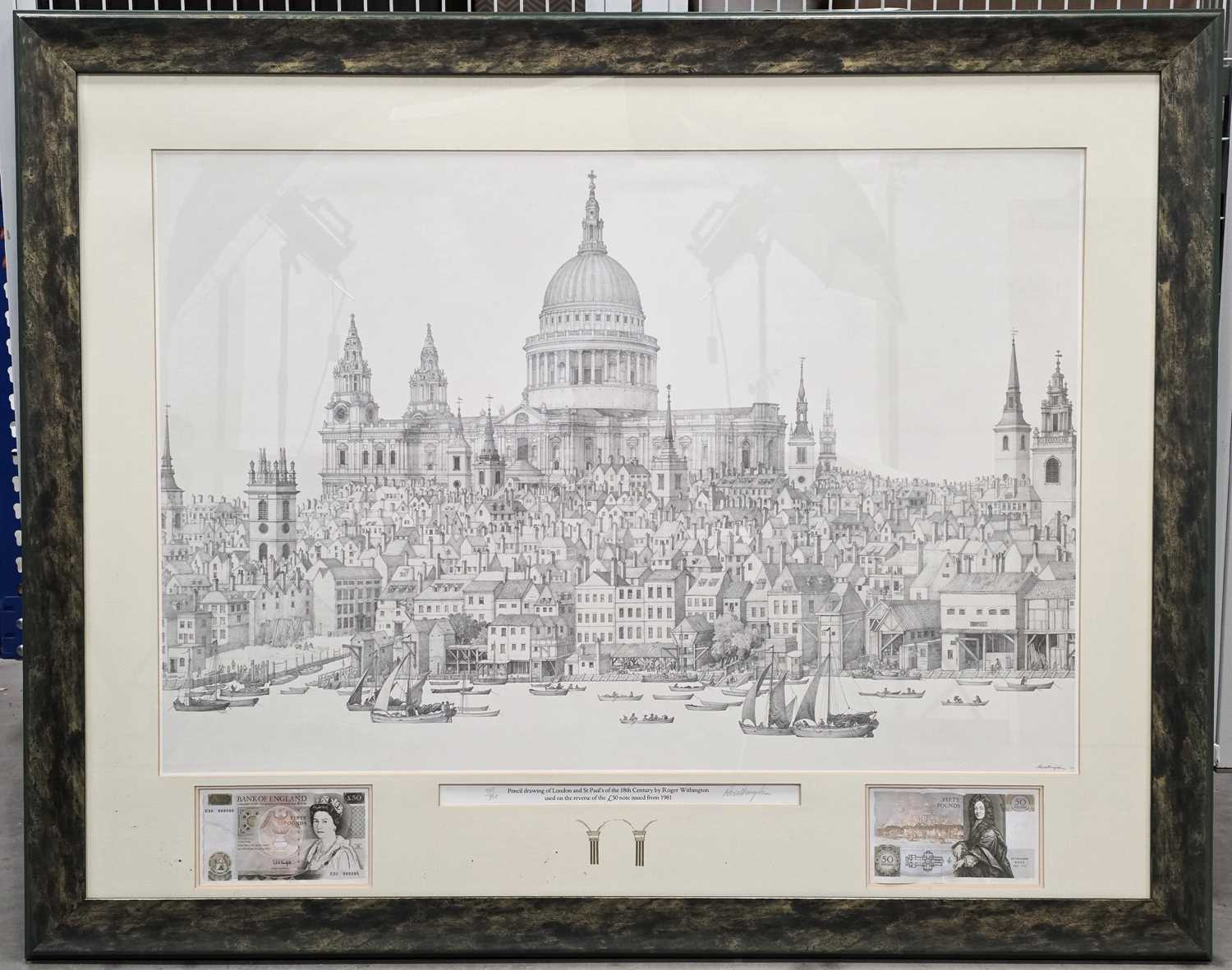 Lot 171 - Two framed 1980s £50 Bank of England bank notes with a print