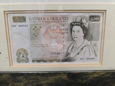 Lot 171 - Two framed 1980s £50 Bank of England bank notes with a print