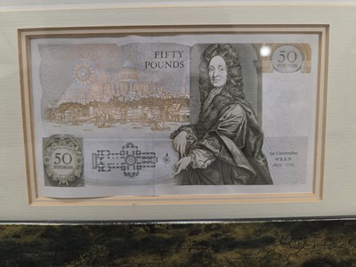 Lot 171 - Two framed 1980s £50 Bank of England bank notes with a print