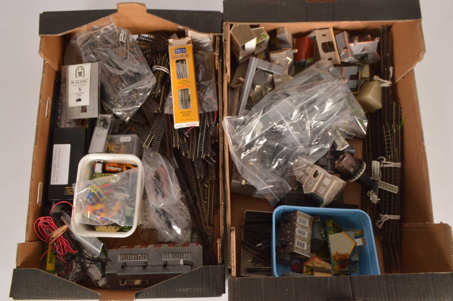 Lot 15 - Peco Fleischmann N gauge track with Buildings and accessories (qty in 2 boxes)