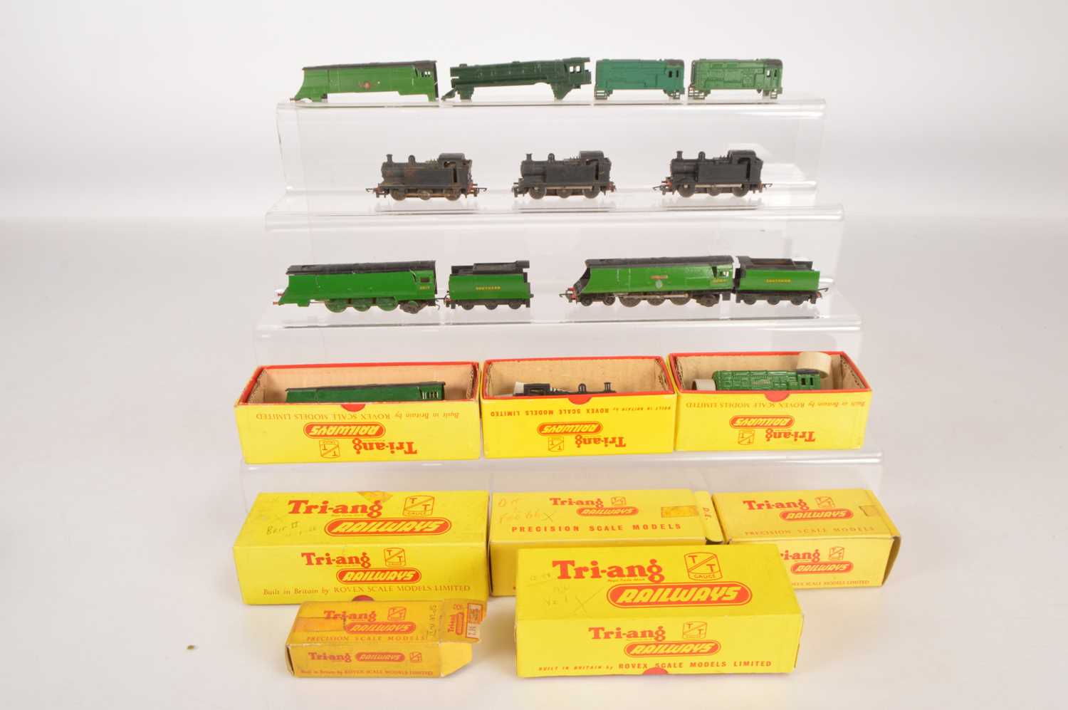 Lot 21 - Tri-ang TT Tank and Tender Locomotives and some empty boxes including several repaints and various Loco bodies  (18 including spare empty boxes and Tenders)