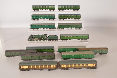 Lot 33 - Tri-ang EMU 3 and 4 Car units one set repainted two Pullman Cars  and five Utility Vans two repainted and Hornby 'Sir Dinadan' Locomotive and SR Coach (16)