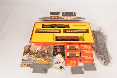 Lot 48 - Tri-ang Passenger set with extra wagons buildings and catalogues 00 gauge  (qty in 1 box)