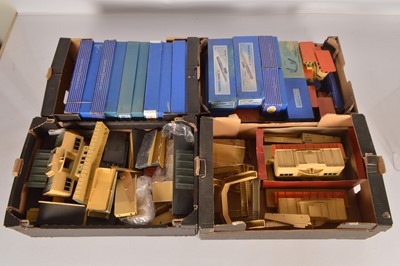 Lot 153 - Hornby-Dublo 00 Gauge 3-Rail boxed and unboxed and some repainted metal Stations Footbridges and Signal Cabins (large qty in four boxes)
