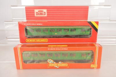 Lot 158 - Hornby-Dublo 00 Gauge 2-Rail boxed and unboxed 2250 EMU Electric Driving Coach and pair of 4159 EMU Trailer Coaches (3)