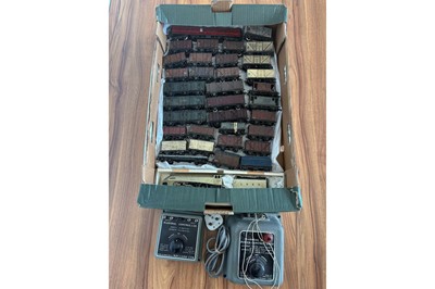 Lot 195 - Hornby-Dublo 00 Gauge repainted 3-Rail Class A4 and 2-Rail repainted and heavily weather wagons and two Controllers (37)