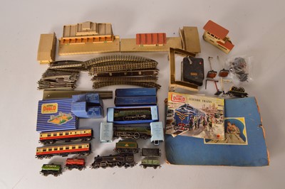 Lot 206 - Hornby Dublo 3-rail 00 scale Locomotives Coaches and wagons with track and buildings, (qty in 1 box)