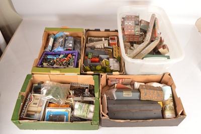 Lot 282 - Metcalfe Superquick Hornby and other constructed buildings with many modellers materials and assorted diecast vehicles (qty in 5 boxes)