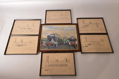 Lot 422 - Railway painting in Acrylic with framed early Locomotive drawings (7)