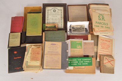 Lot 428 - Collection of Southern Railway and BR Rule books Ledgers Mileage charts and other collectable paper memorabilia (qty in 1 box)