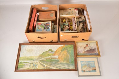 Lot 455 - Boxed and framed Jigsaw Puzzles with a collection of Micromodels card Railway models (qty in 2 boxes)