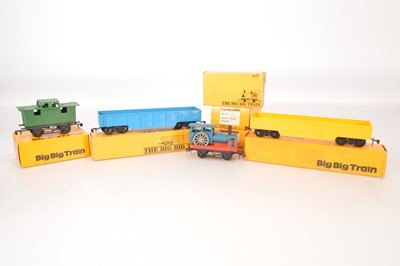 Lot 686 - Tri-ang Big Big 0 Gauge boxed Flat Wagons with Steam Roller  Gondola wagons and Caboose (6)