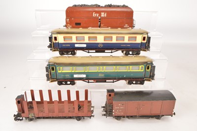 Lot 705 - Three German O Gauge wagons by unknown makers and two Paya Coaches