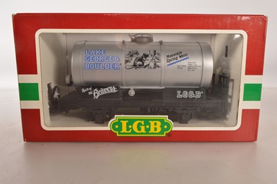 Lot 737 - LGB G Scale 41400 silver Lake George & Boulder Mountain Spring Water 'Route of the Beavers' 4-Wheel Tank wagon
