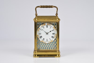 Lot 63 - A pretty early 20th century French brass and enamel plaque carriage timepiece