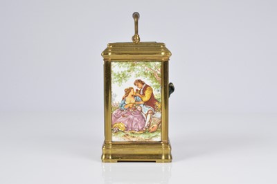 Lot 63 - A pretty early 20th century French brass and enamel plaque carriage timepiece
