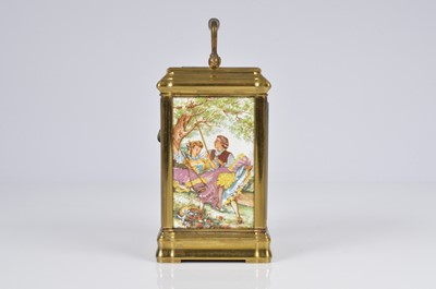 Lot 63 - A pretty early 20th century French brass and enamel plaque carriage timepiece