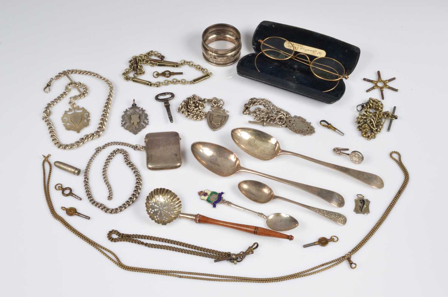 Lot 75 - A collection of silver and other watch chains and silver and other items
