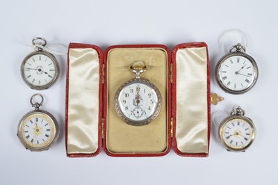Lot 79 - Five Continental silver open faced ladies pocket watches
