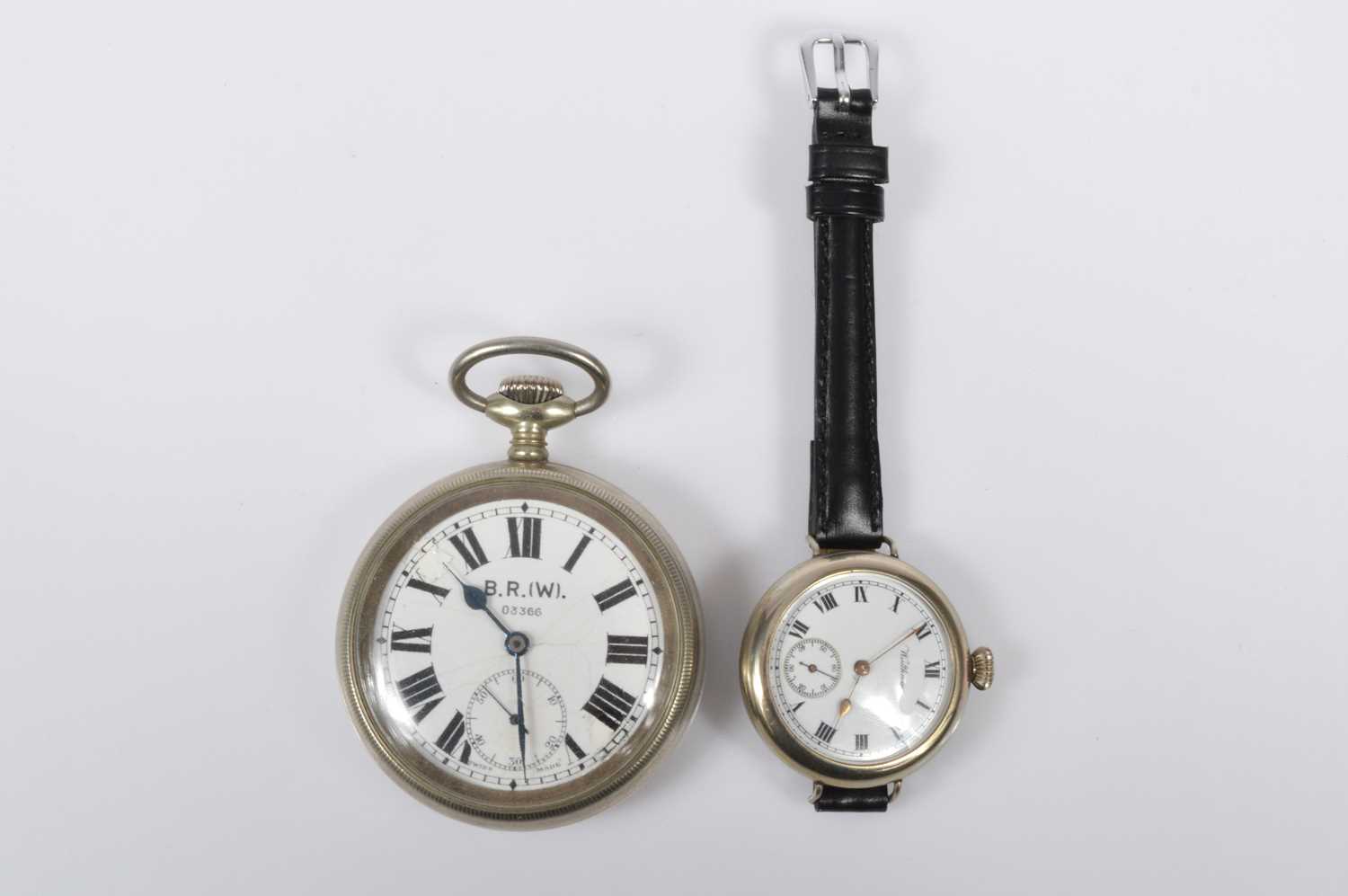 Lot 94 - A late 19th century Limit British Railway nickel manual top wind open face pocket watch and a Waltham wristwatch